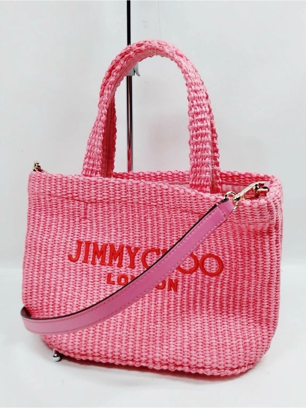 Jimmy Choo Pink Woven Straw Tote Bag